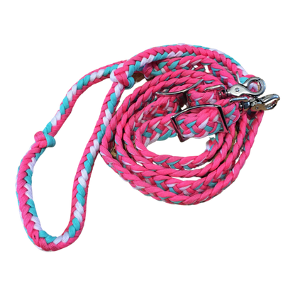 Braided Barrel / Roping Reins 8 ft, 2 Nickel Plated Scissor Snaps, Multi Tone Colors