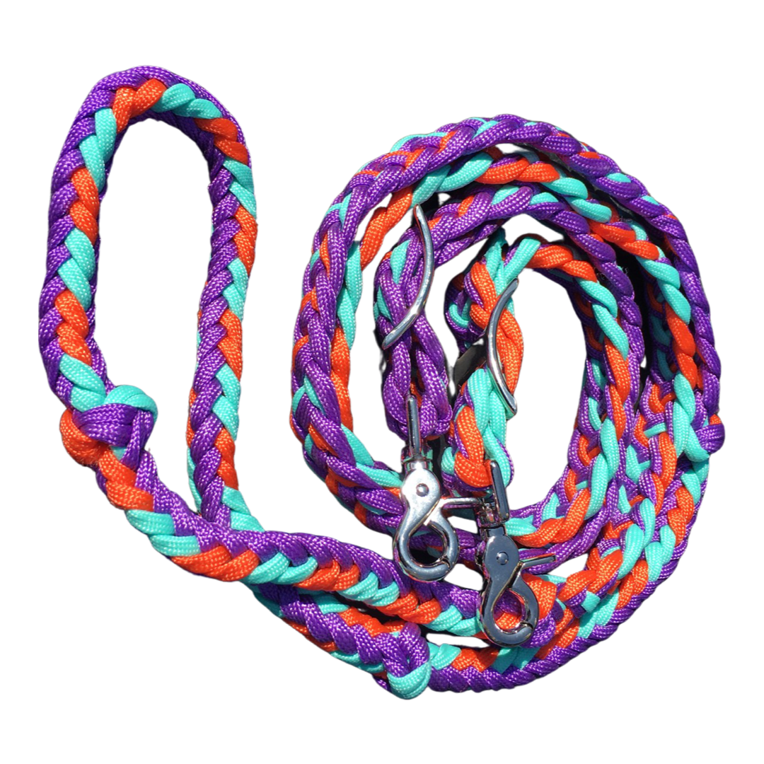 Braided Barrel / Roping Reins 8 ft, 2 Nickel Plated Scissor Snaps, Multi Tone Colors