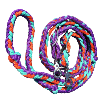 Braided Barrel / Roping Reins 8 ft, 2 Nickel Plated Scissor Snaps, Multi Tone Colors