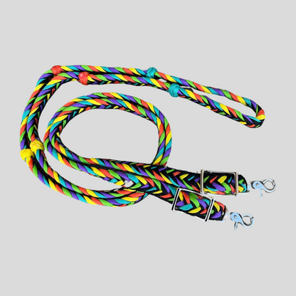 Braided Barrel / Roping Reins 8 ft, 2 Nickel Plated Scissor Snaps, Multi Tone Colors