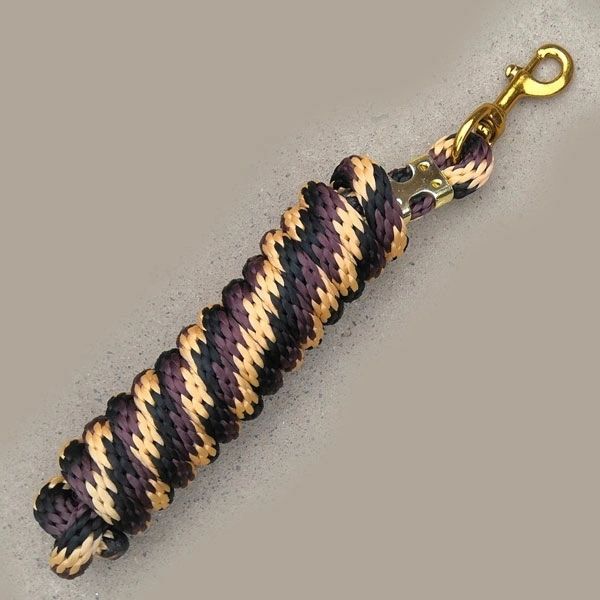 Braided poly lead rope, 5/8-inch x 9 ft, brass-plated bolt snap, purple, tan, and black.