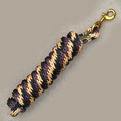 Braided poly lead rope, 5/8-inch x 9 ft, brass-plated bolt snap, purple, tan, and black.