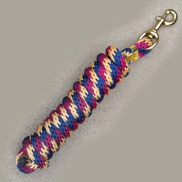 5/8 in x 9 ft poly lead rope with brass-plated bolt snap, multicolor braided in blue, red, and cream.