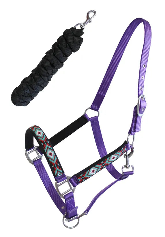 Nylon Horse Beaded Halter Nickel Plated Hardware w/ 8 Foot Lead Rope Purple #91013