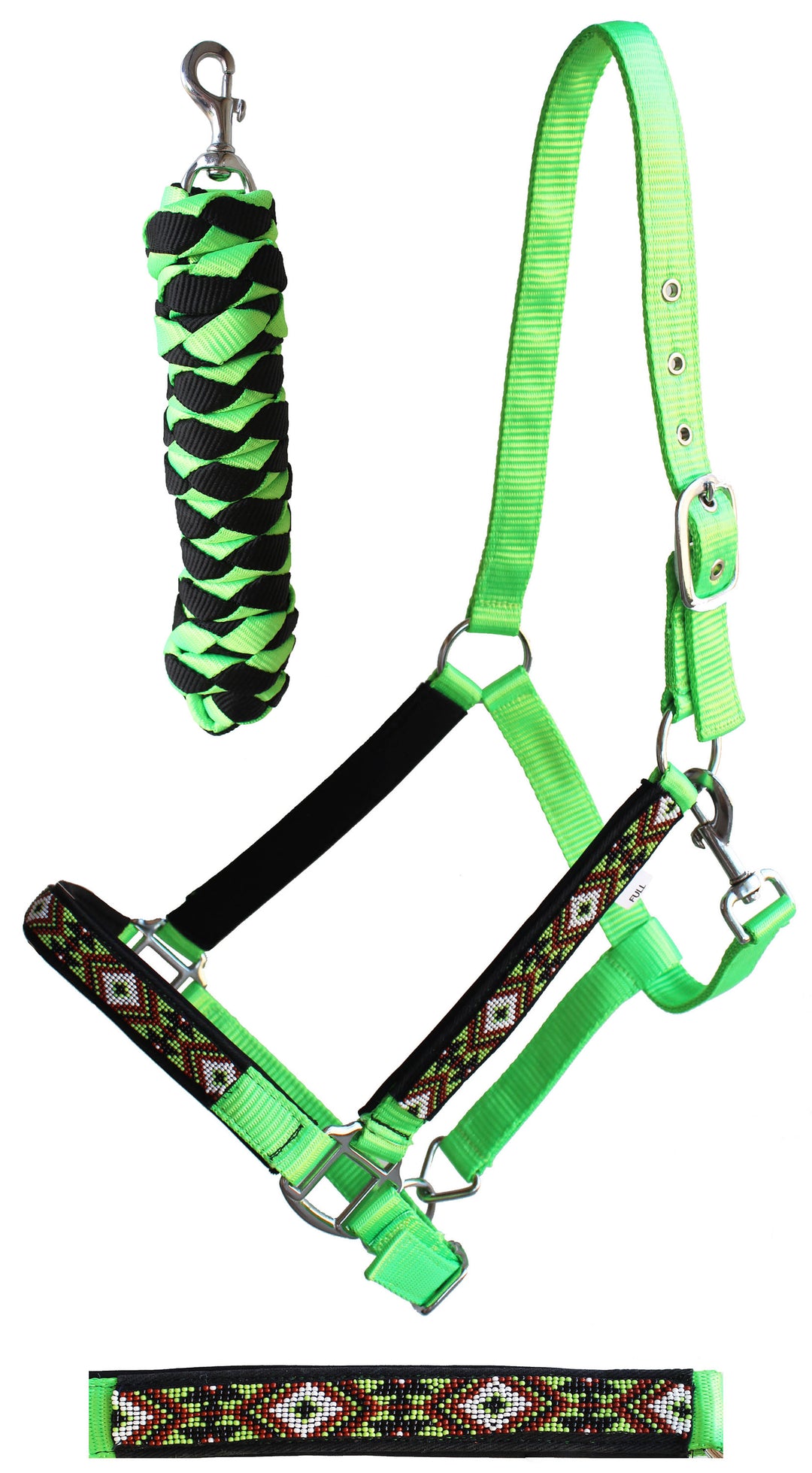 Nylon Horse Beaded Halter Nickel Plated Hardware w/ 8 Foot Lead Rope Lime Green #91014