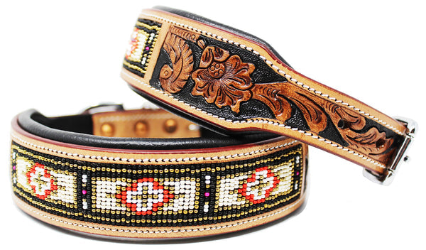 Dog Puppy Collar Beaded Western Cow Leather #96076