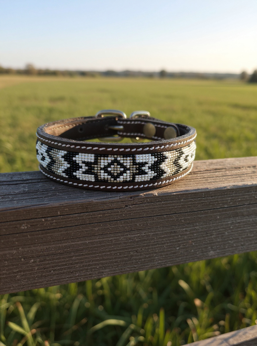 Epic Padded Leather Dog Collar with Beaded Design #A