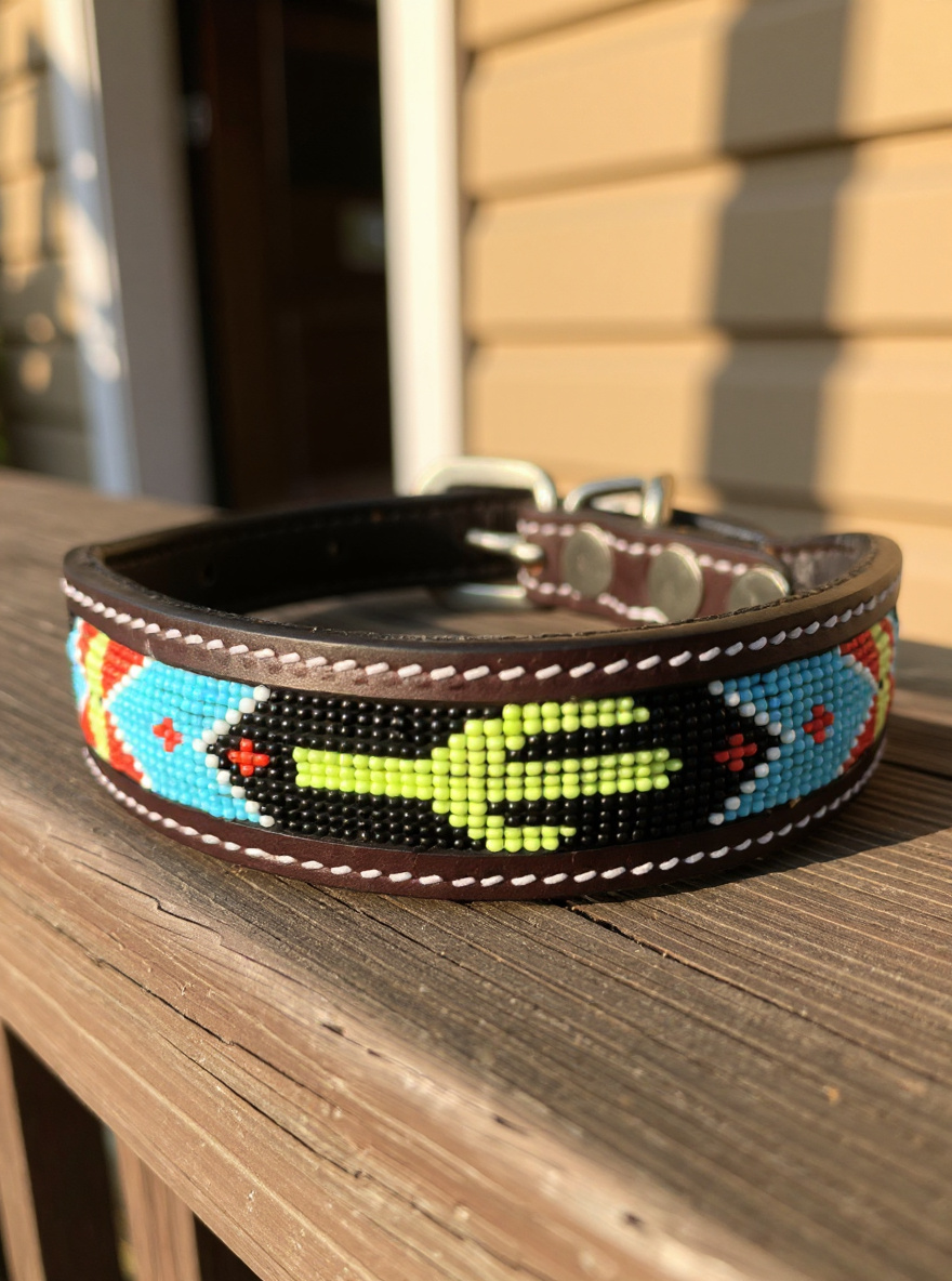 Epic Padded Leather Dog Collar with Cactus Beaded Design #B