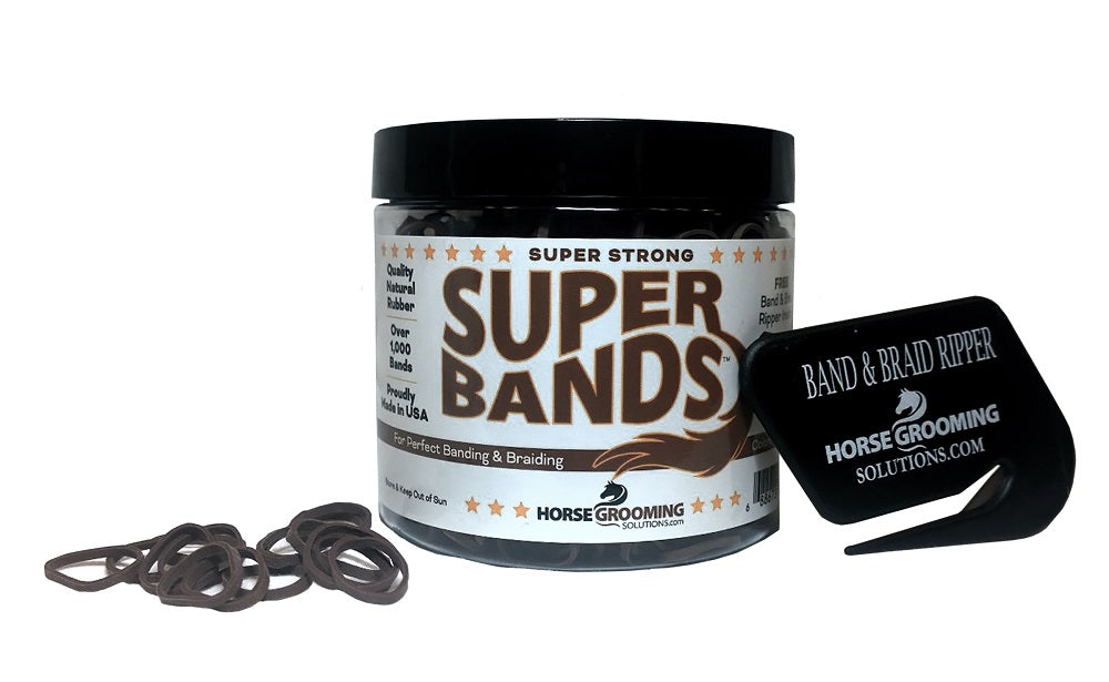 Super Bands jar with rubber bands and a band ripper on a white background