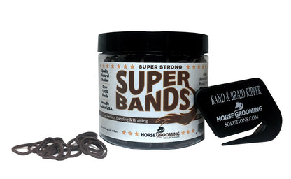 Super Bands jar with rubber bands and a band ripper on a white background
