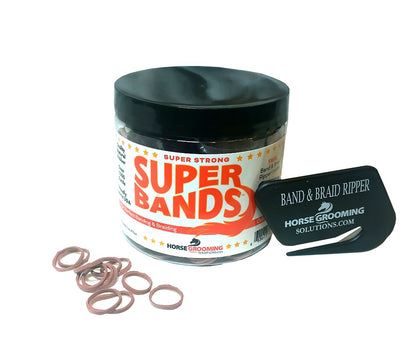 Super Bands jar with rubber bands and a band and braid ripper on a white background
