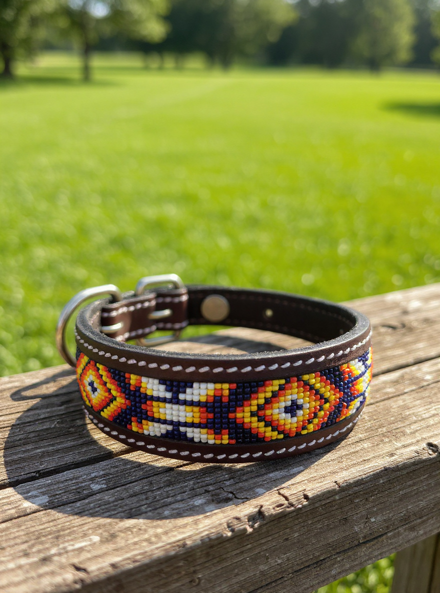 Epic Padded Leather Dog Collar with Beaded Design #C