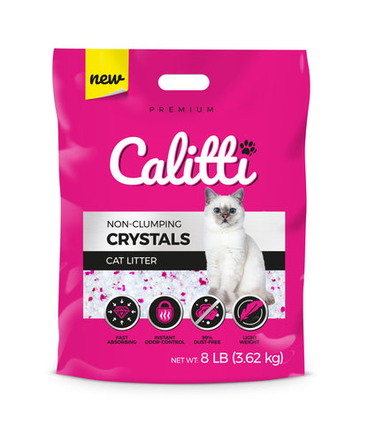 Pink bag of Calitti cat litter with a white cat on the label