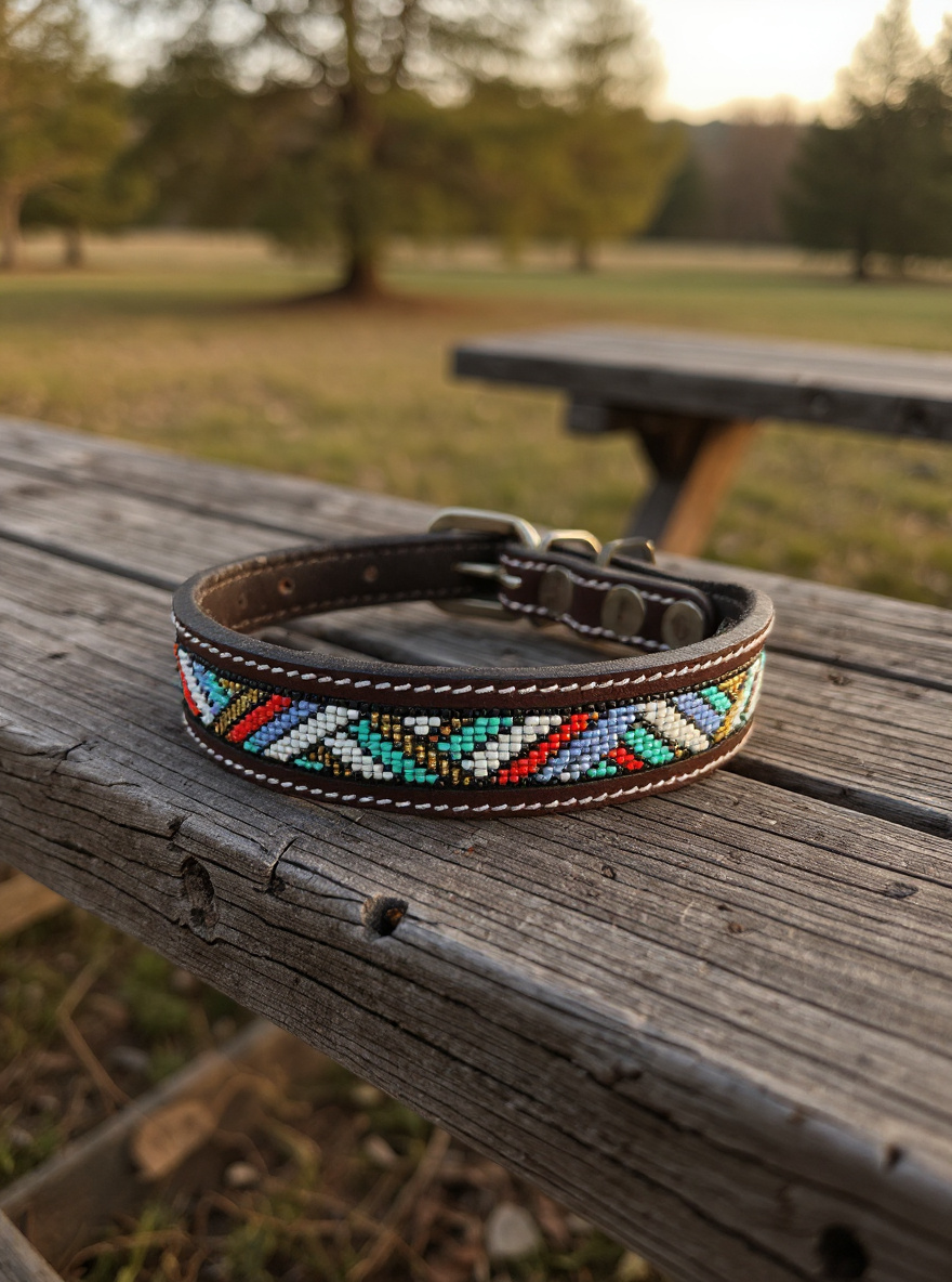 Epic Padded Leather Dog Collar with Beaded Design #D