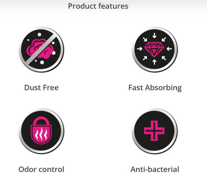 Product features with icons and text on a white background
