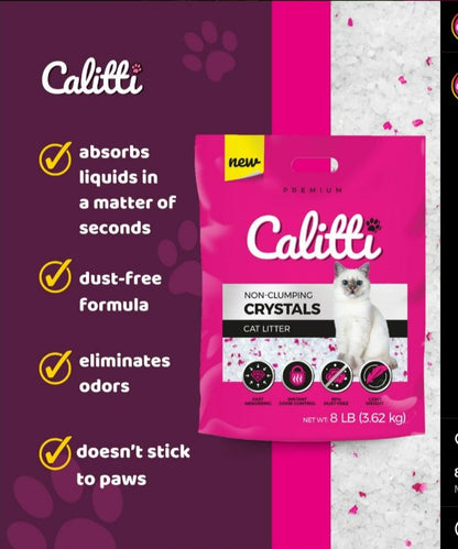 Calitti cat litter package with features on a purple background