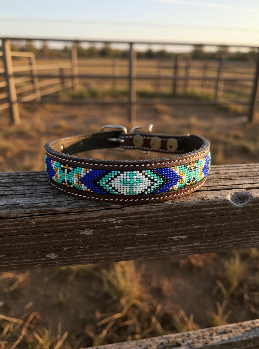 Epic Padded Leather Dog Collar with Beaded Design #J