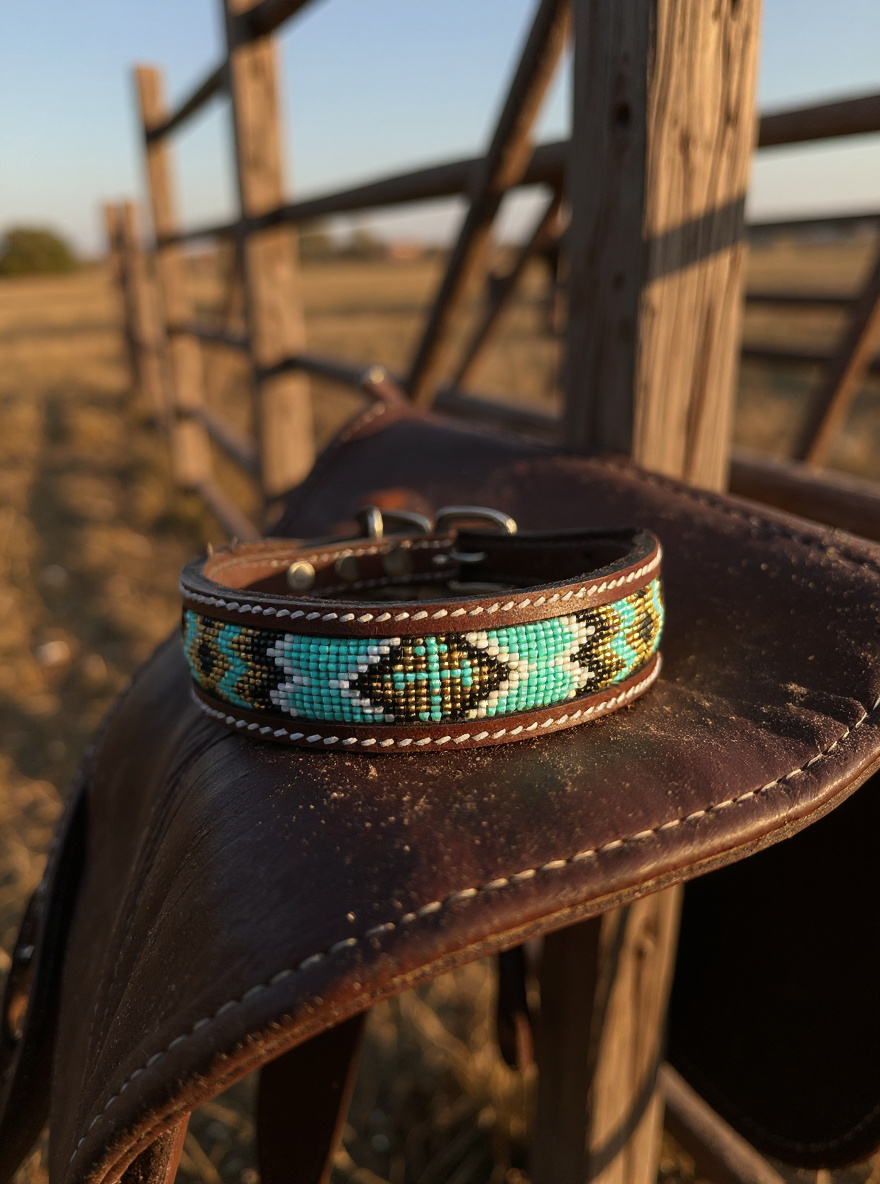 Epic Padded Leather Dog Collar with Beaded Design #K