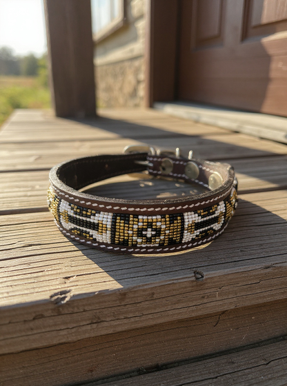 Epic Padded Leather Dog Collar with Beaded Design L