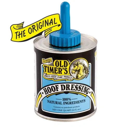 A can of Old Timer's Hoof Dressing with a blue brush applicator, labeled as '100% Natural' and 'Superior Penetration'.