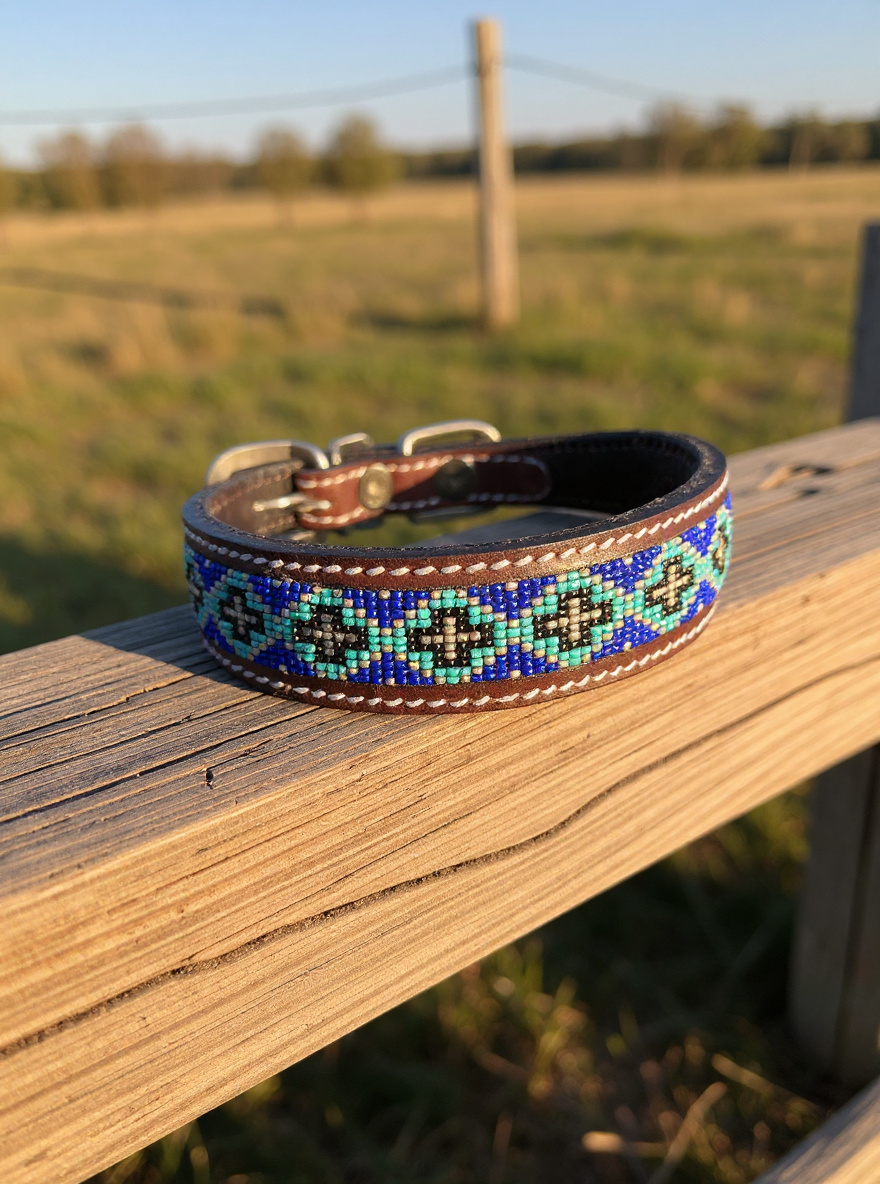 Epic Padded Leather Dog Collar with Beaded Design #P