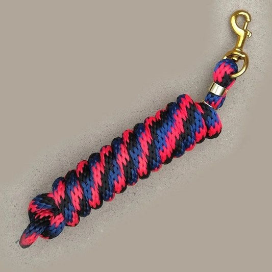 Coiled 5/8 inch x 9 ft poly lead rope braided in blue, pink, black with brass-plated bolt snap.