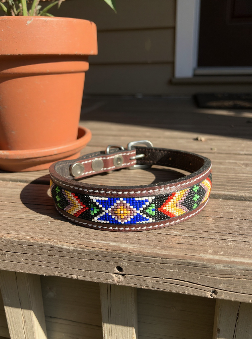 Epic Padded Leather Dog Collar with Beaded Design #R