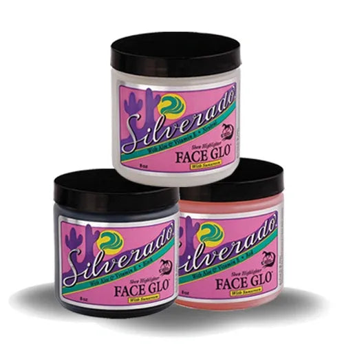 Three jars of Silverado Face Glo in black, neutral, and sorrel colors, each with a label featuring the product name and a graphic of a horse's face.