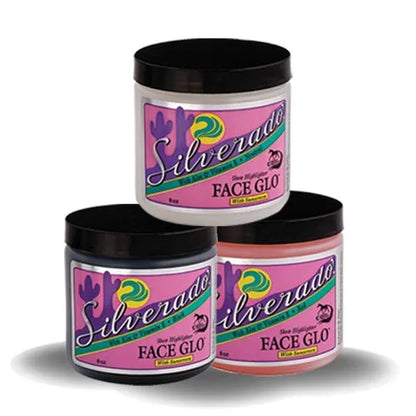 Three jars of Silverado Face Glo in black, neutral, and sorrel colors, each with a label featuring the product name and a graphic of a horse's face.