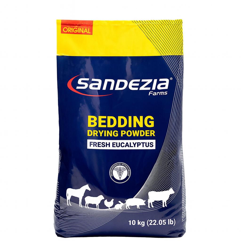 Sandezia Farms bedding drying powder packaging with fresh eucalyptus scent on a white background