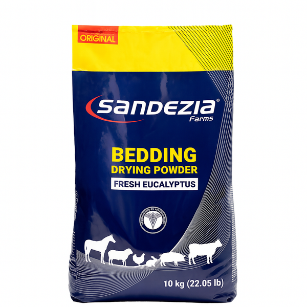 Sandezia Farms bedding drying powder packaging with fresh eucalyptus scent on a white background