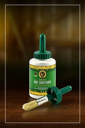 Bottle of hoof conditioner with a brush on a wooden surface