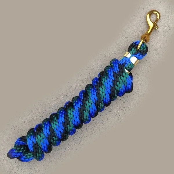 5/8" x 9' poly lead rope braided in blue and green with brass-plated bolt snap.