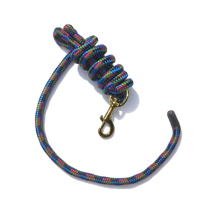 Coiled multicolor 5/8-inch by 9-foot poly lead rope with brass-plated bolt snap.