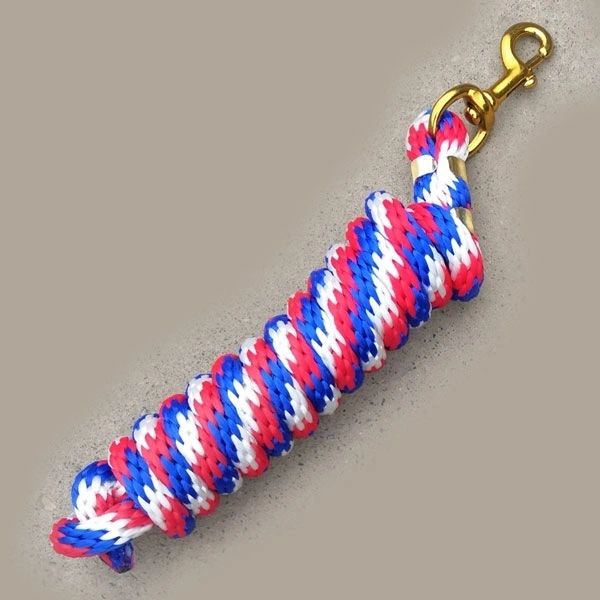 Red, white, and blue poly lead rope with brass plated bolt snap, 5/8" x 9'.