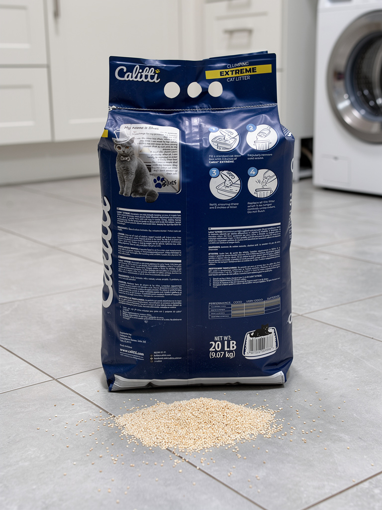 Bag of Calitti cat litter on a tiled floor with a small pile of litter beside it.