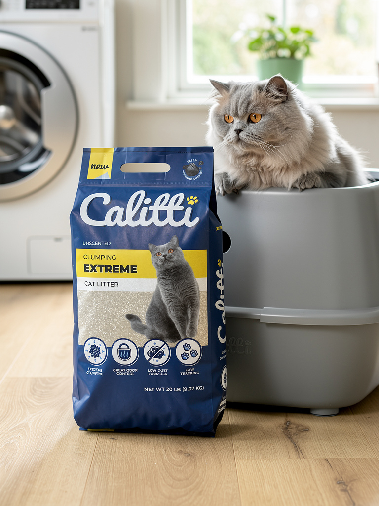 Cat sitting next to a bag of Caliitti Clumping Extreme cat litter in a home setting.