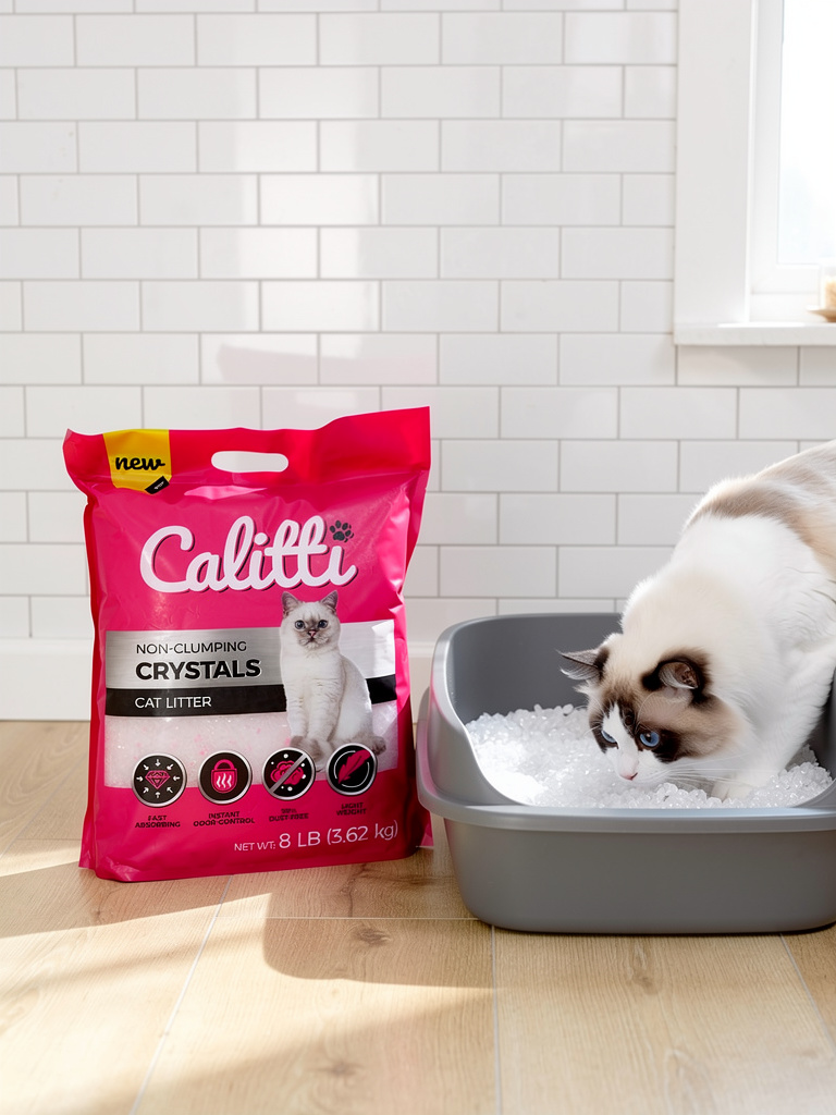 Calitti cat litter non clumping crystals bag next to a cat using a litter box indoors.