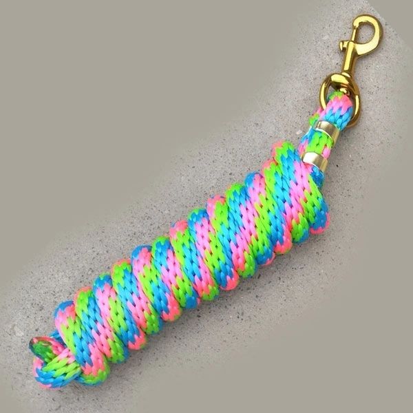 Multicolor 5/8 inch by 9 ft poly lead rope with brass-plated bolt snap.