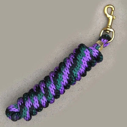 5/8in x 9ft poly lead rope with brass-plated bolt snap; purple, green, and black.