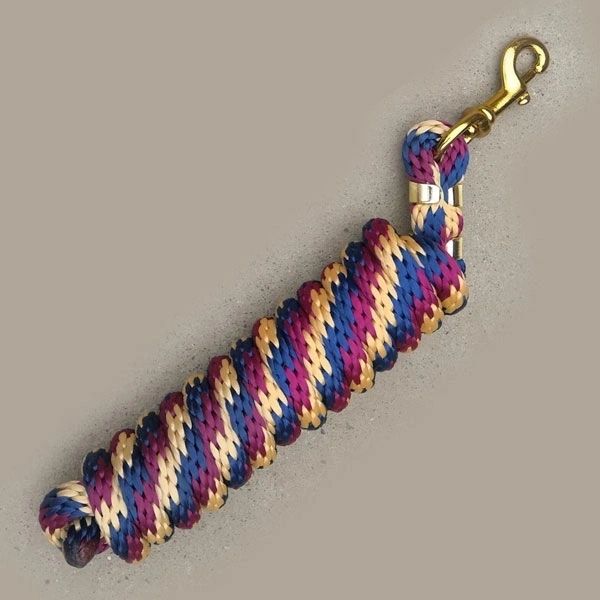 5/8 inch by 9 ft poly lead rope with brass-plated bolt snap in purple, pink, cream, and blue braid