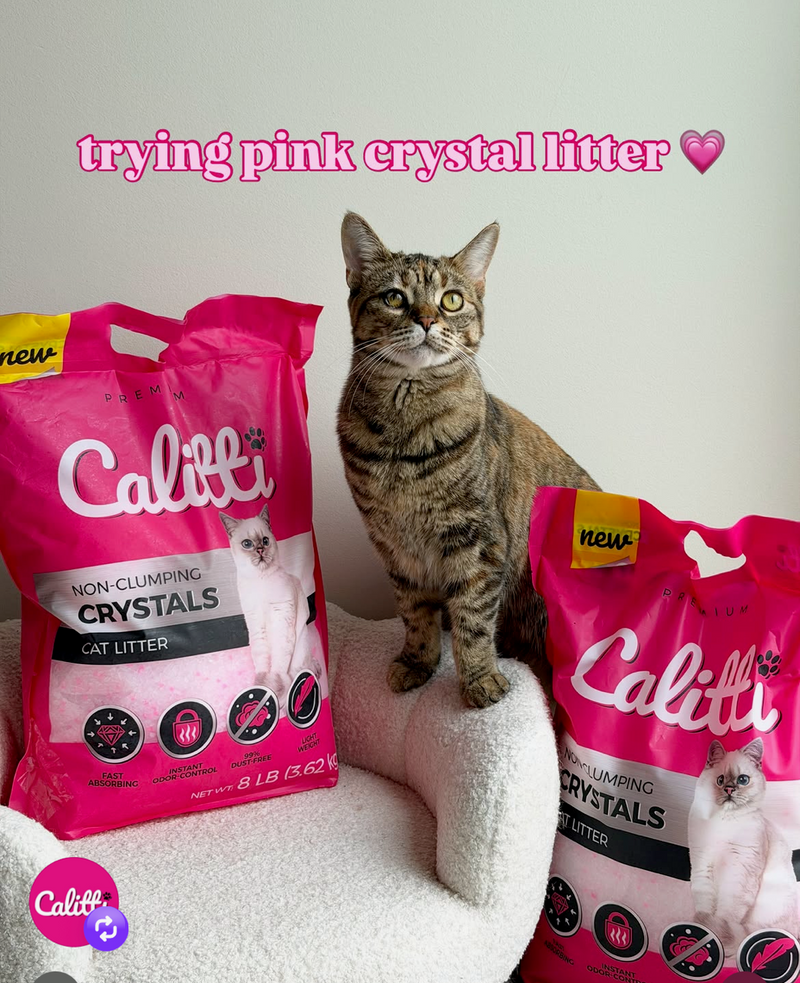 Cat sitting next to Caletti pink crystal litter bags with text 'trying pink crystal litter' on a light background.
